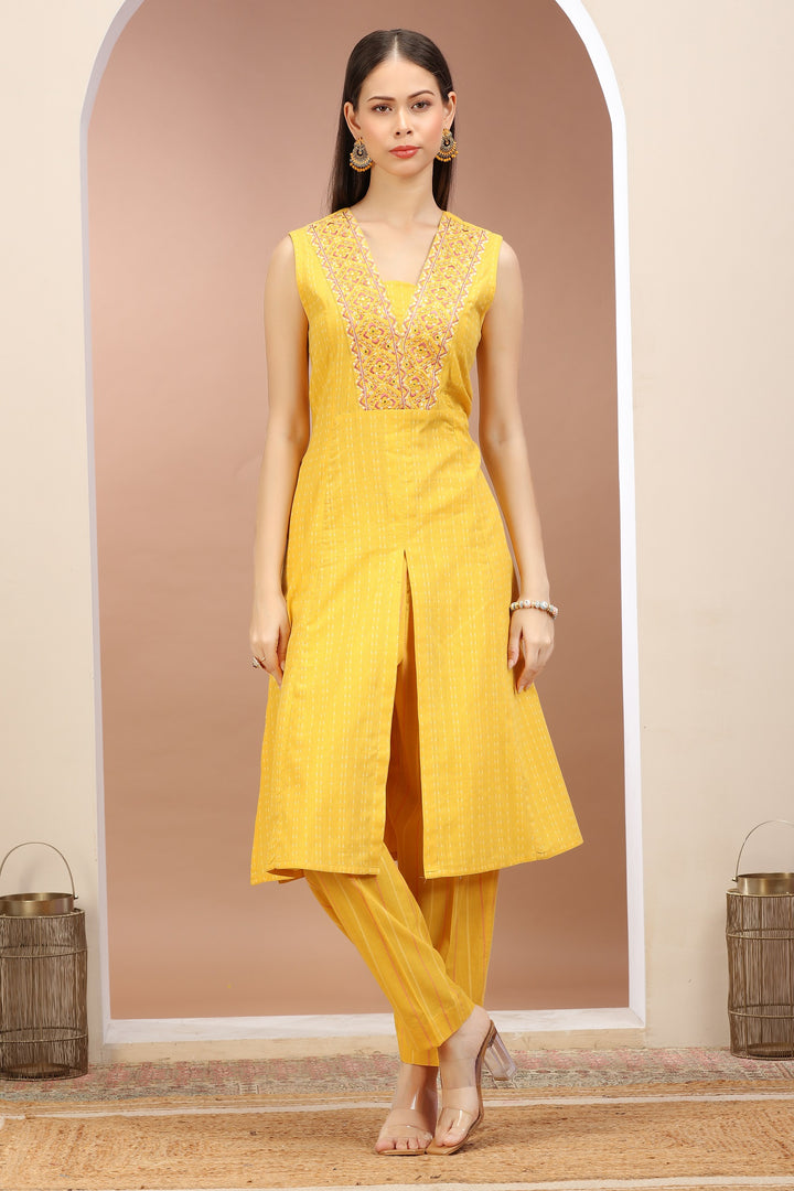 Yellow Handloom A Line Embroidered Kurta Pant Co ord Set