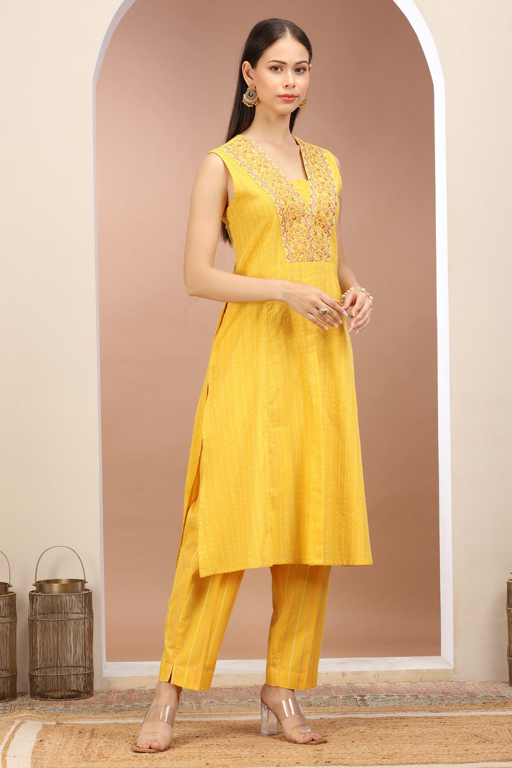 Yellow Handloom A Line Embroidered Kurta Pant Co ord Set