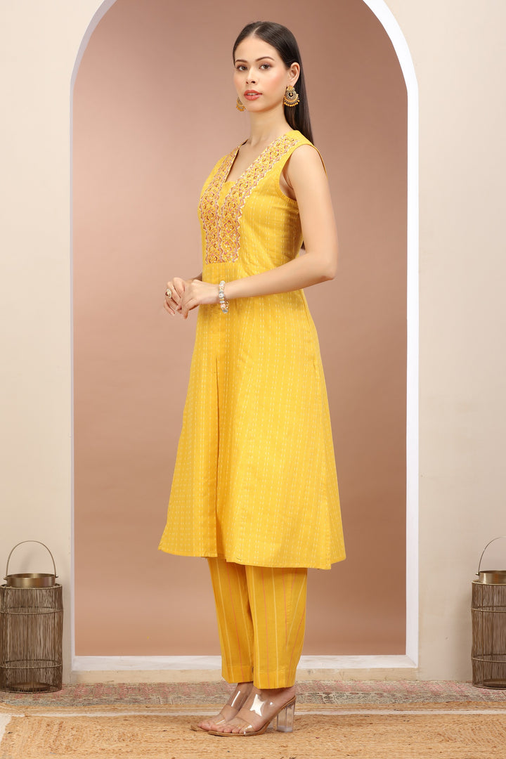 Yellow Handloom A Line Embroidered Kurta Pant Co ord Set