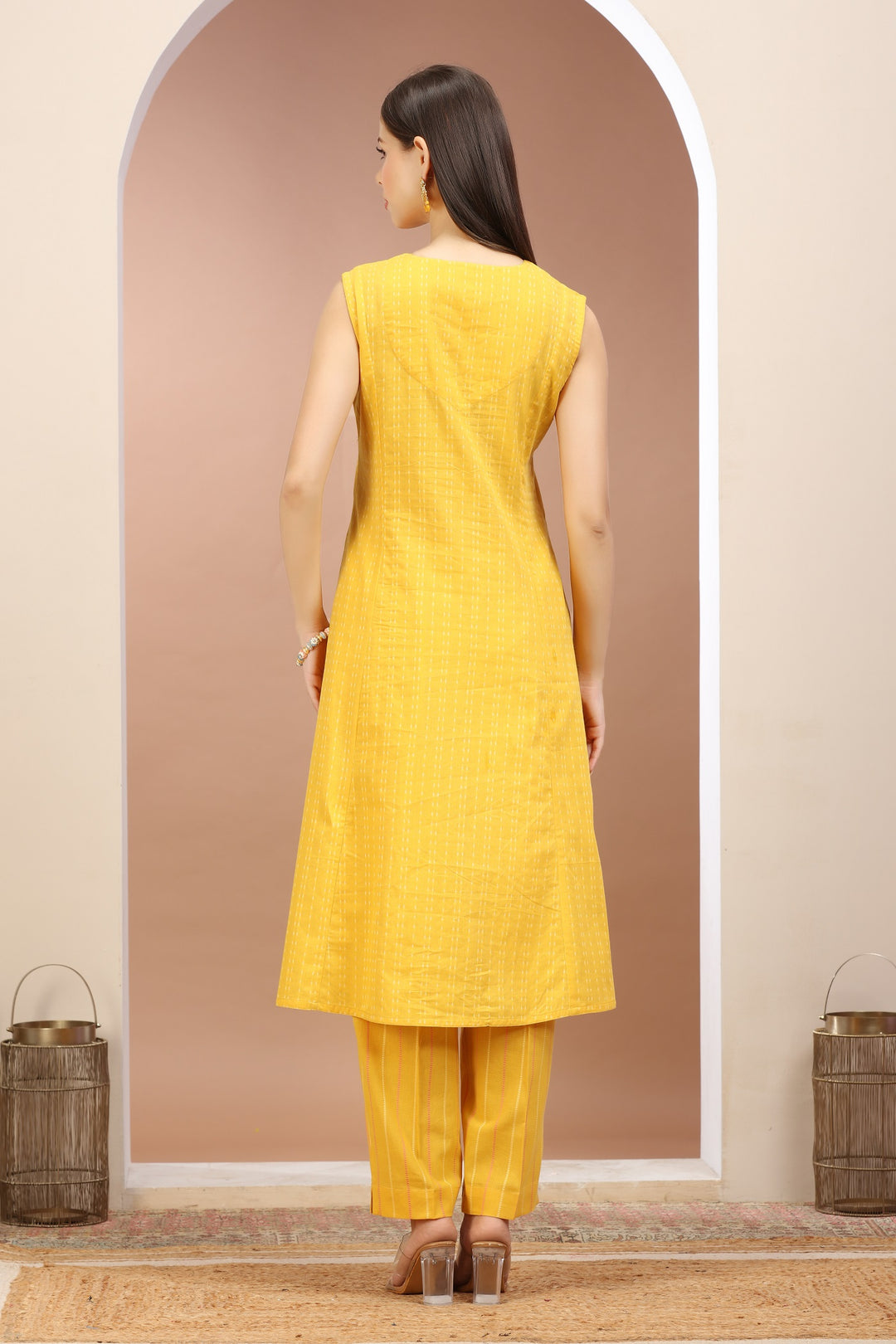 Yellow Handloom A Line Embroidered Kurta Pant Co ord Set