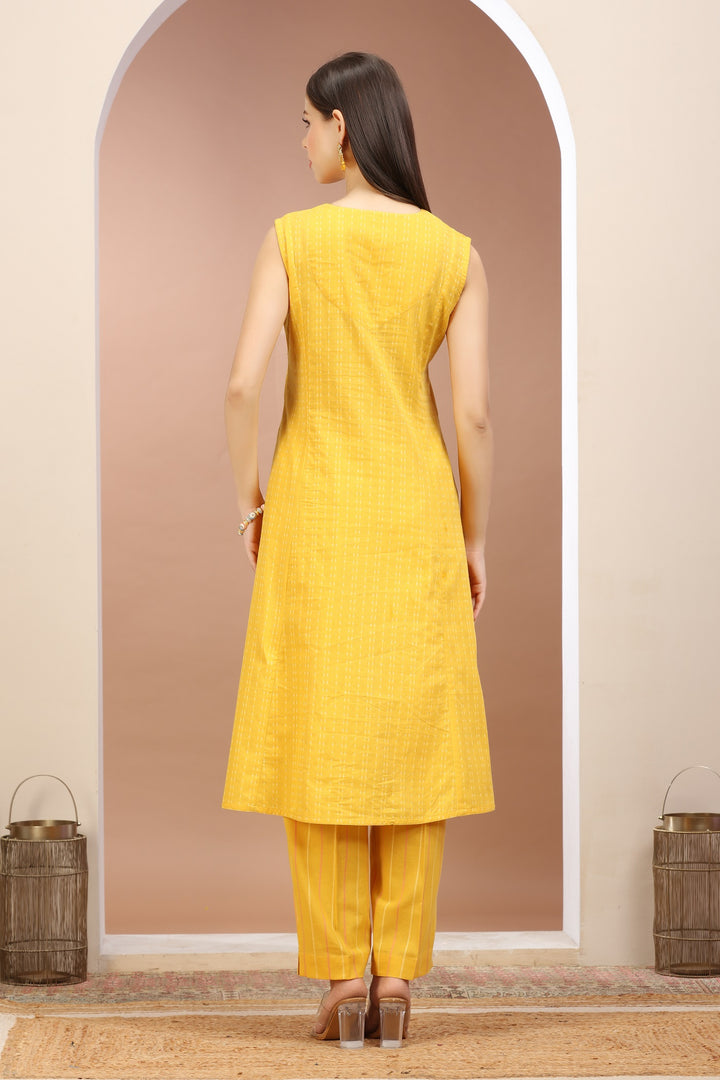 Yellow Handloom A Line Embroidered Kurta Pant Co ord Set