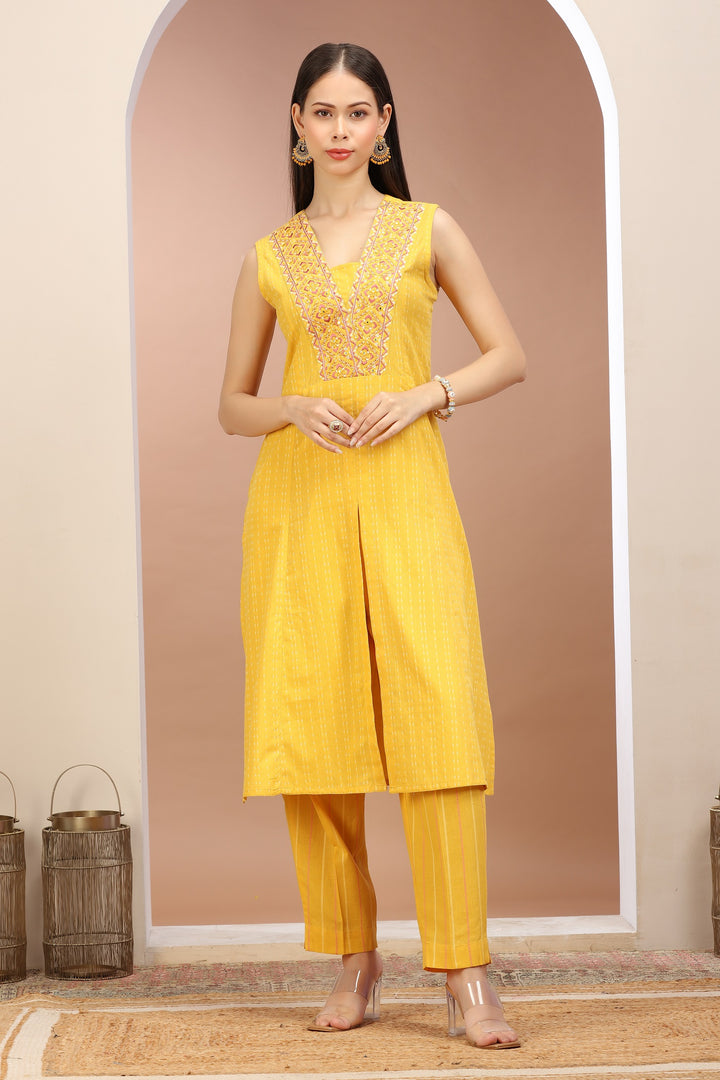 Yellow Handloom A Line Embroidered Kurta Pant Co ord Set