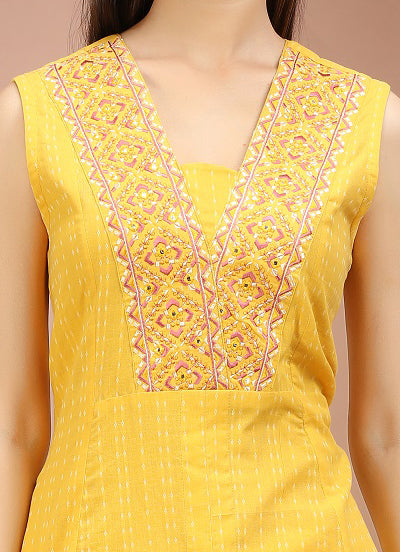 Yellow Handloom A Line Embroidered Kurta Pant Co ord Set