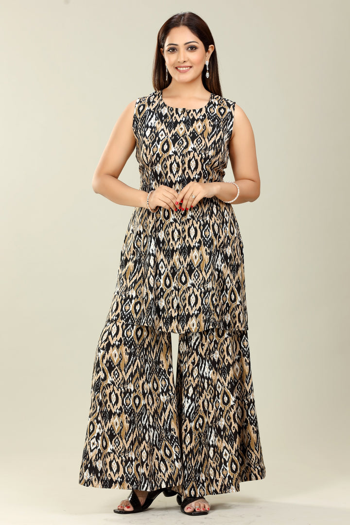 Black & Beige Rayon Straight Printed Kurta Palazzo Suit Set