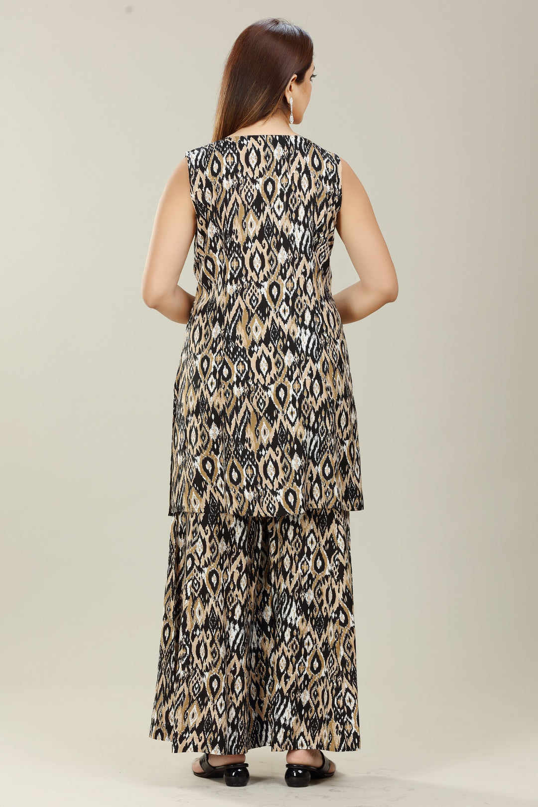 Black & Beige Rayon Straight Printed Kurta Palazzo Suit Set