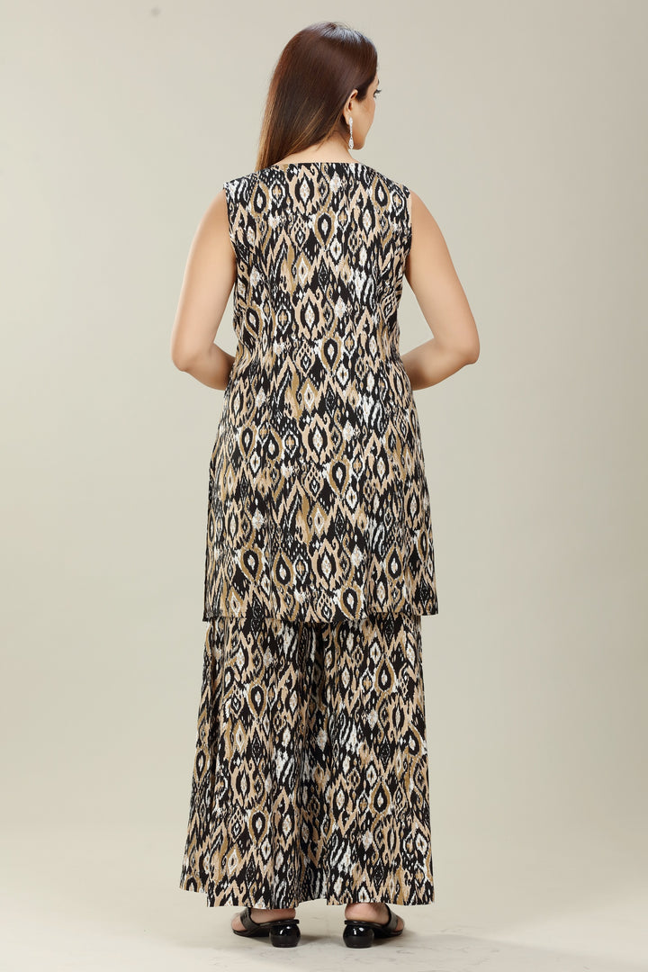 Black & Beige Rayon Straight Printed Kurta Palazzo Suit Set