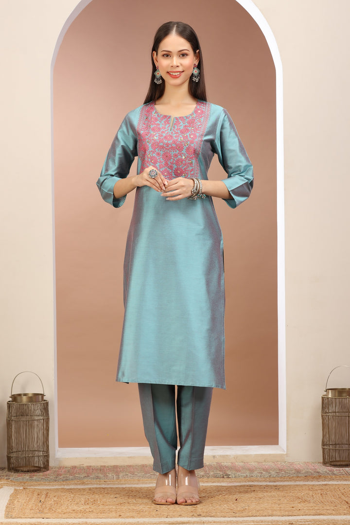 Turquoise PolySilk Embroidered Straight Kurta Pant Co ord Set