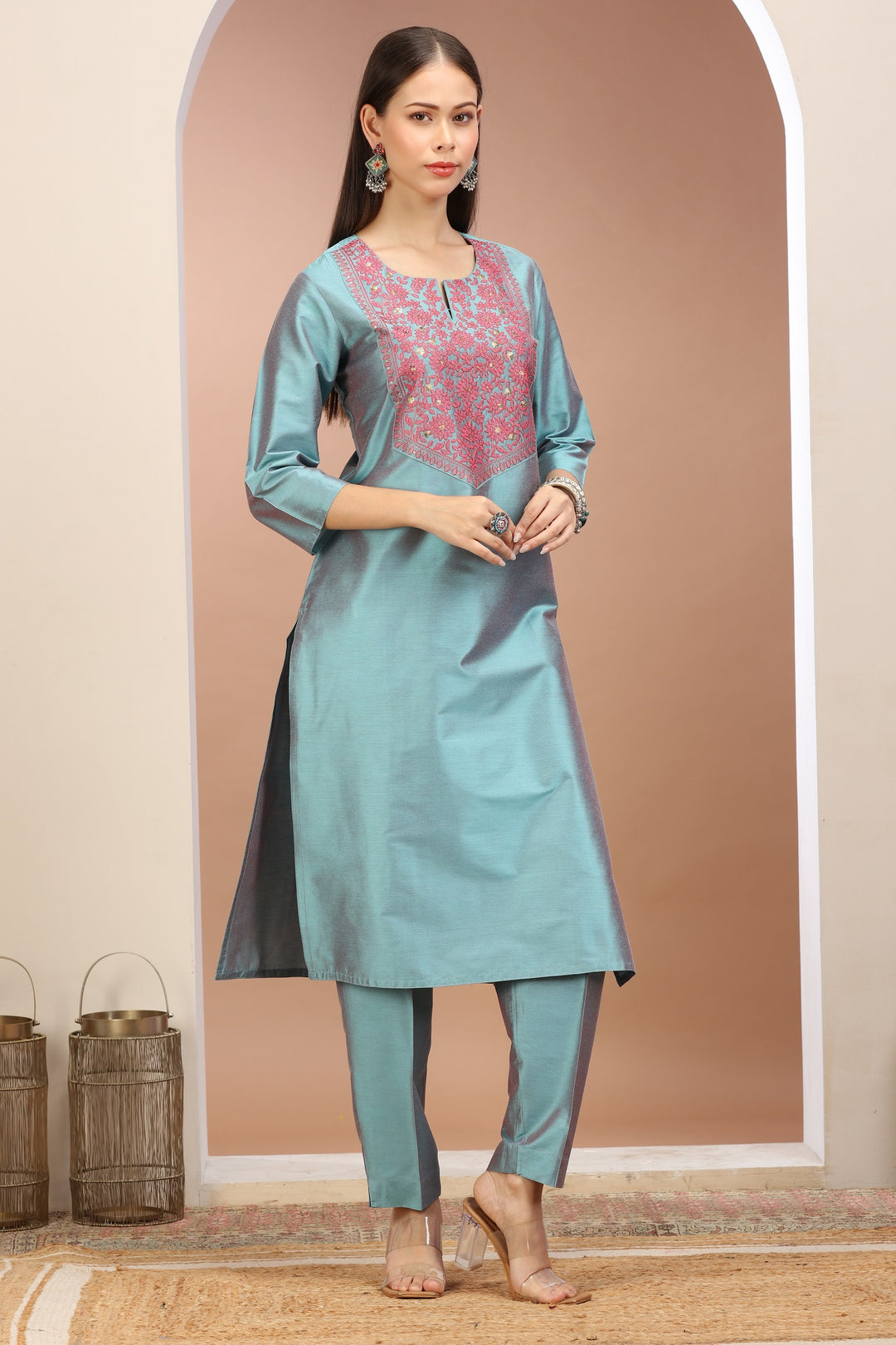 Turquoise PolySilk Embroidered Straight Kurta Pant Co ord Set