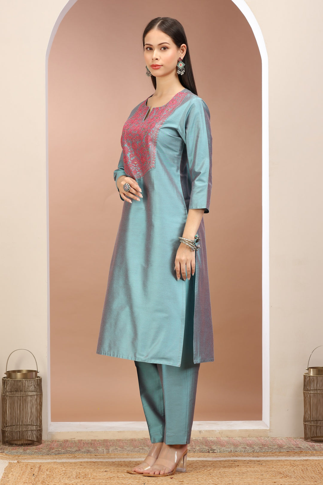 Turquoise PolySilk Embroidered Straight Kurta Pant Co ord Set