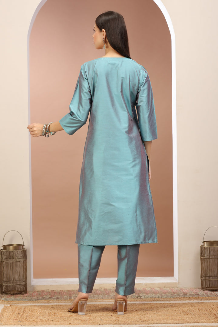 Turquoise PolySilk Embroidered Straight Kurta Pant Co ord Set