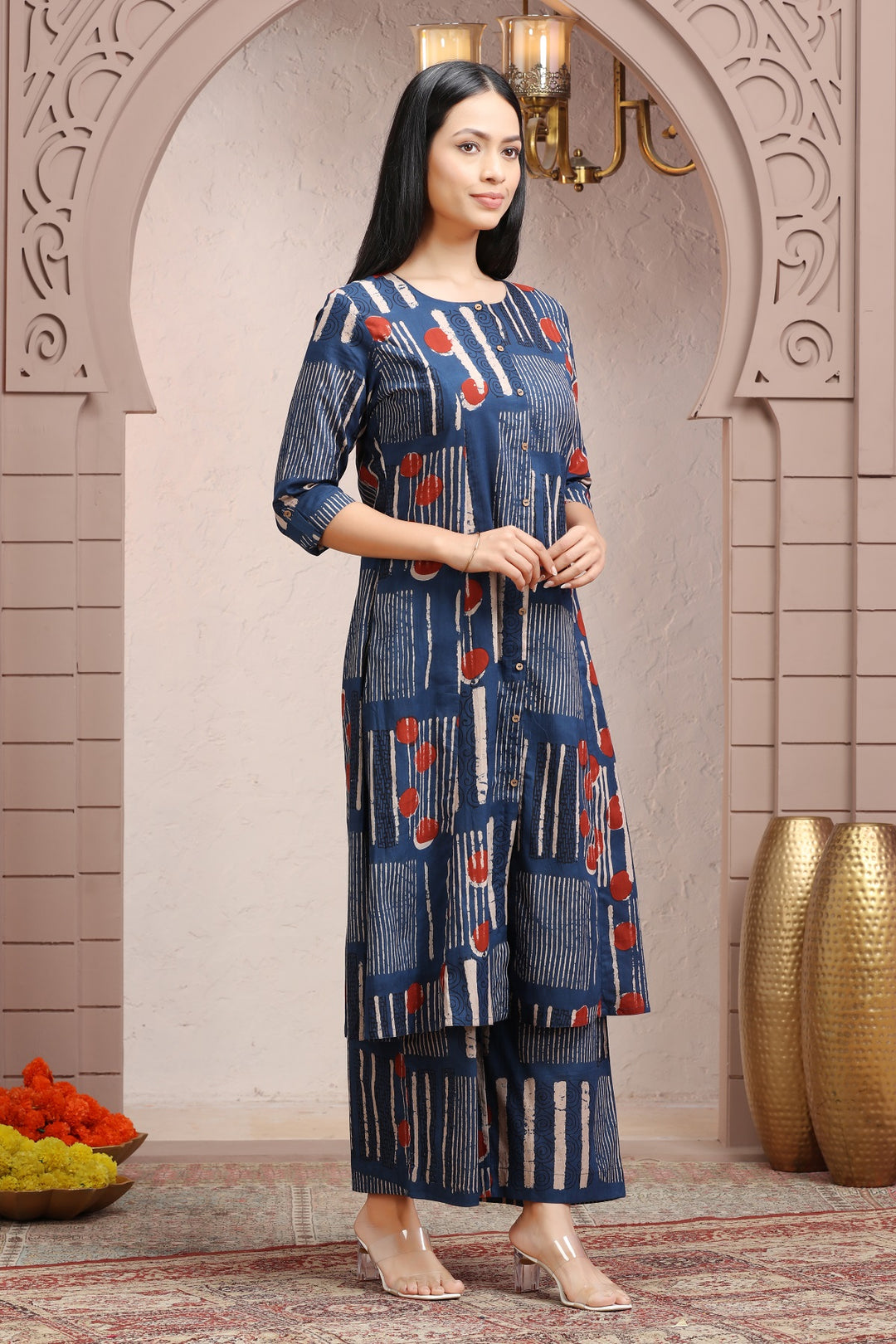 Indigo Blue Jaipuri Cotton Straight Printed Kurta Pant Co ord Set