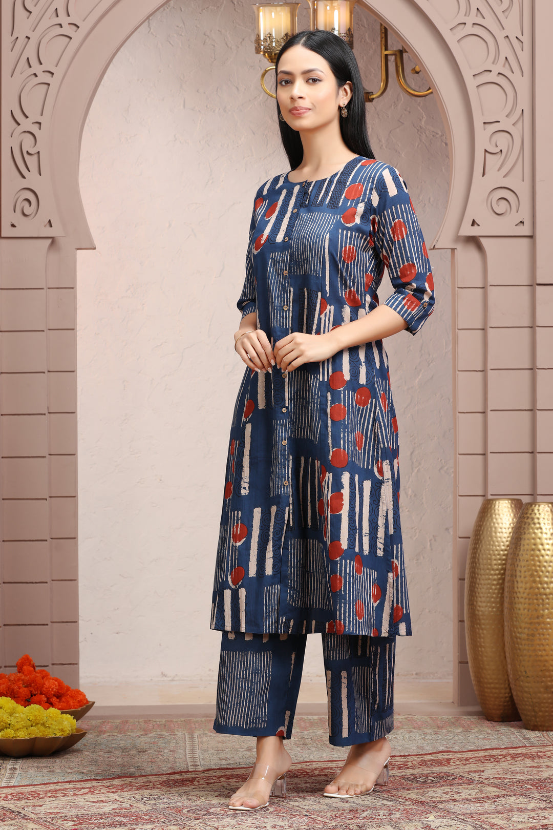 Indigo Blue Jaipuri Cotton Straight Printed Kurta Pant Co ord Set