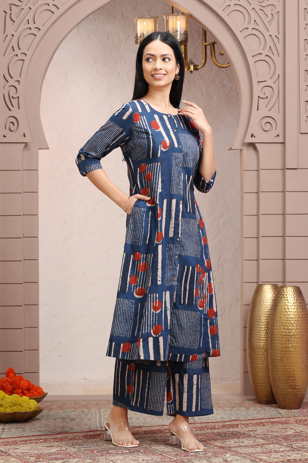 Indigo Blue Jaipuri Cotton Straight Printed Kurta Pant Co ord Set