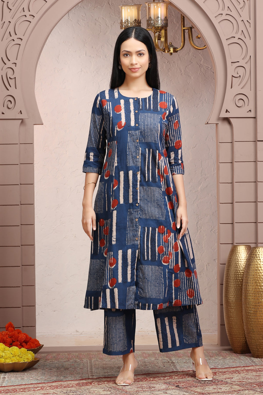 Indigo Blue Jaipuri Cotton Straight Printed Kurta Pant Co ord Set