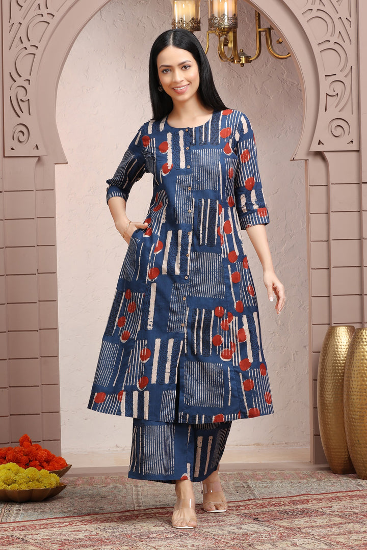 Indigo Blue Jaipuri Cotton Straight Printed Kurta Pant Co ord Set