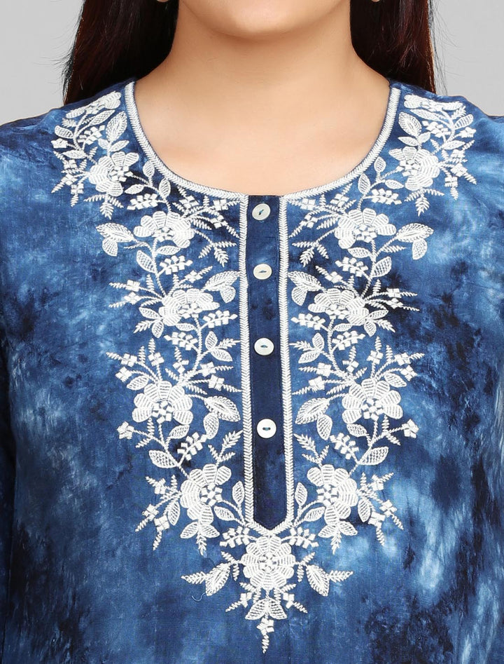 Navy Blue Rayon Embroidered Short Kurta