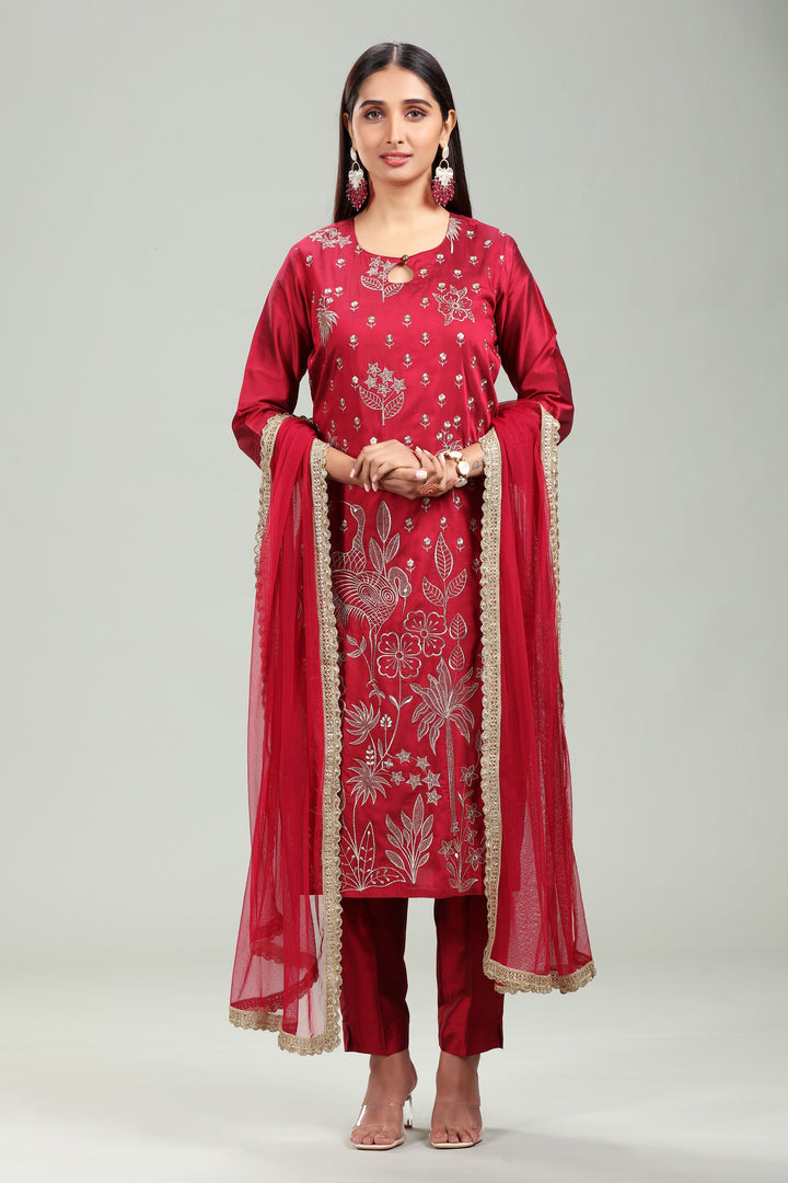 Maroon PolySilk A Line Embroidered Kurta Pant Suit Set