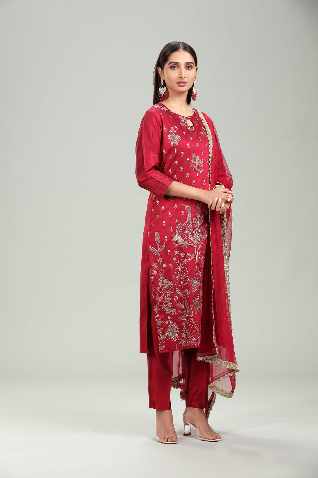 Maroon PolySilk A Line Embroidered Kurta Pant Suit Set