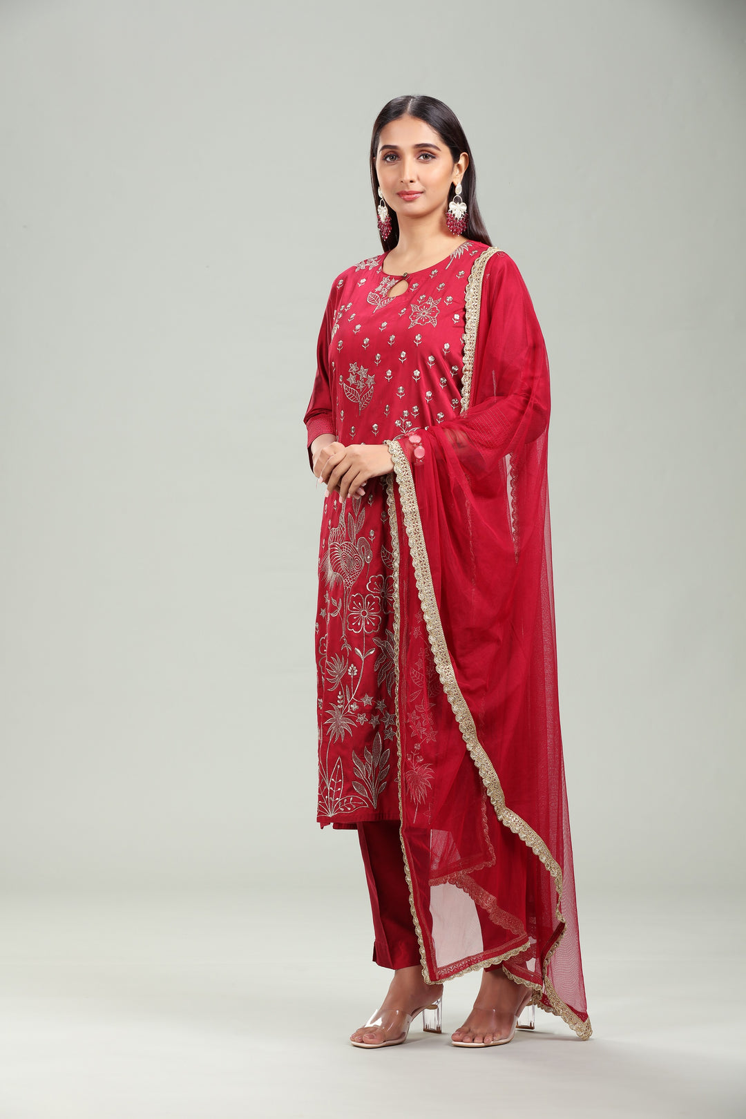 Maroon PolySilk A Line Embroidered Kurta Pant Suit Set