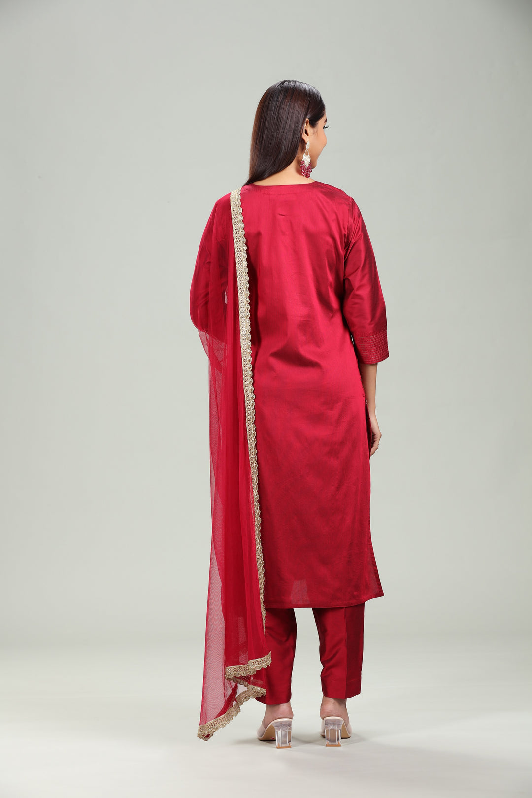 Maroon PolySilk A Line Embroidered Kurta Pant Suit Set