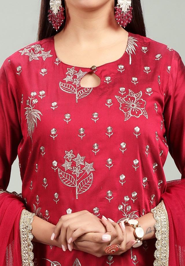 Maroon PolySilk A Line Embroidered Kurta Pant Suit Set