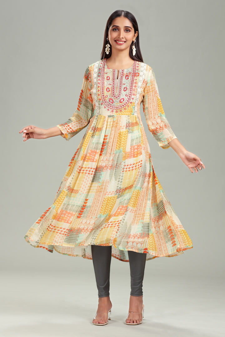 Multicolor Georgette A Line Embroidered Kurta