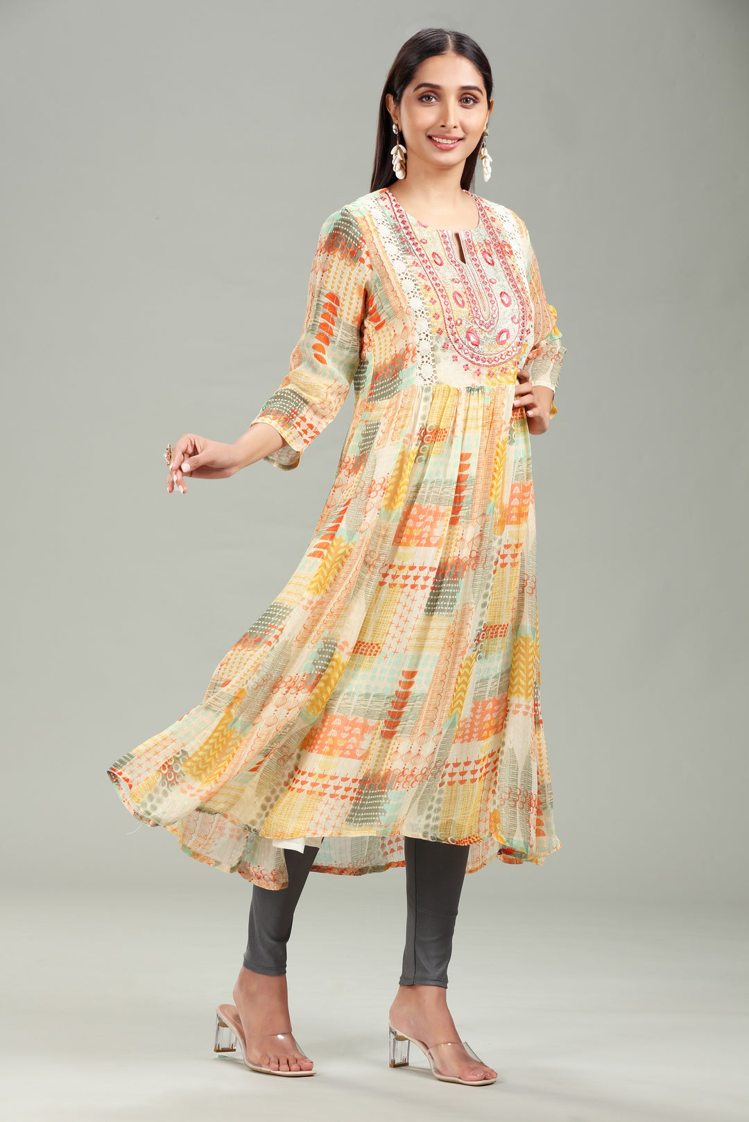 Multicolor Georgette A Line Embroidered Kurta