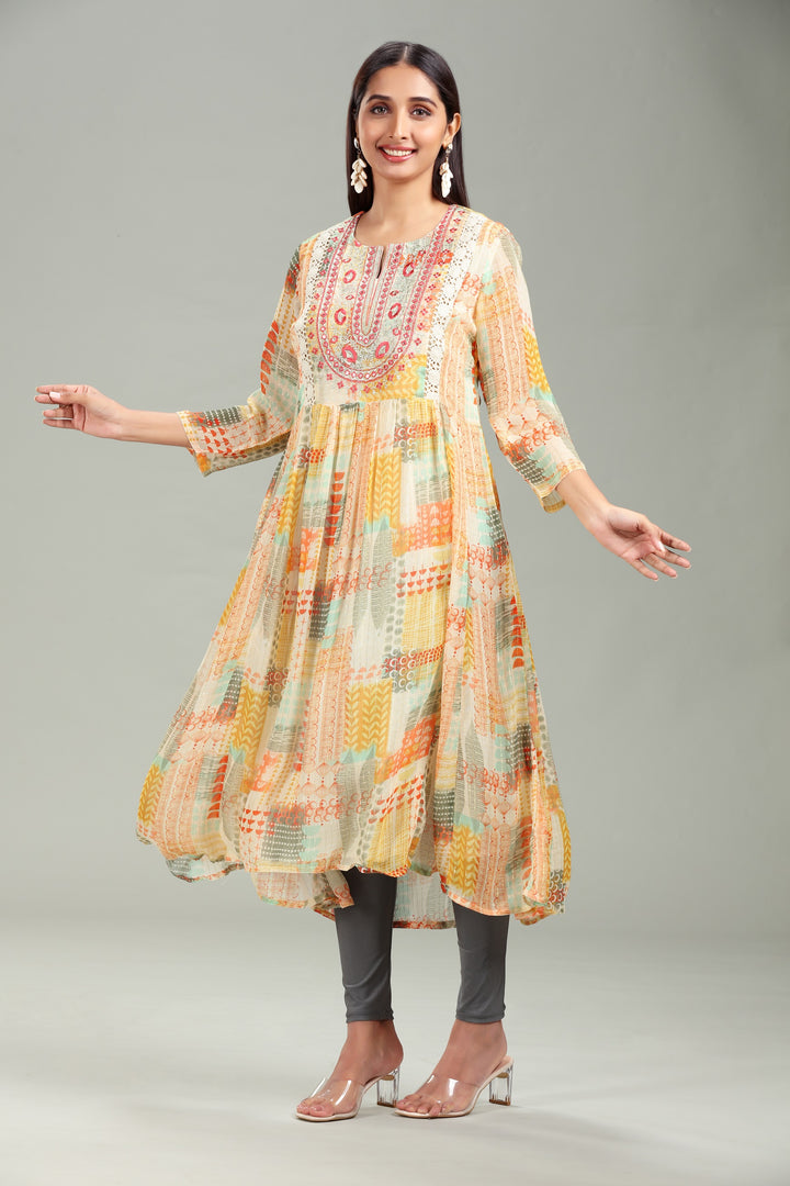 Multicolor Georgette A Line Embroidered Kurta