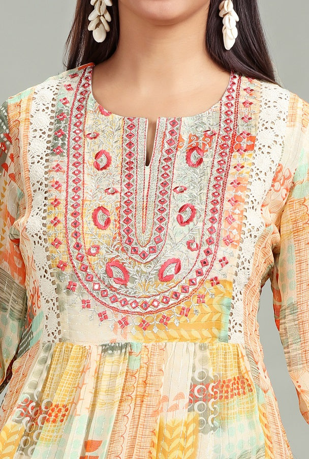 Multicolor Georgette A Line Embroidered Kurta