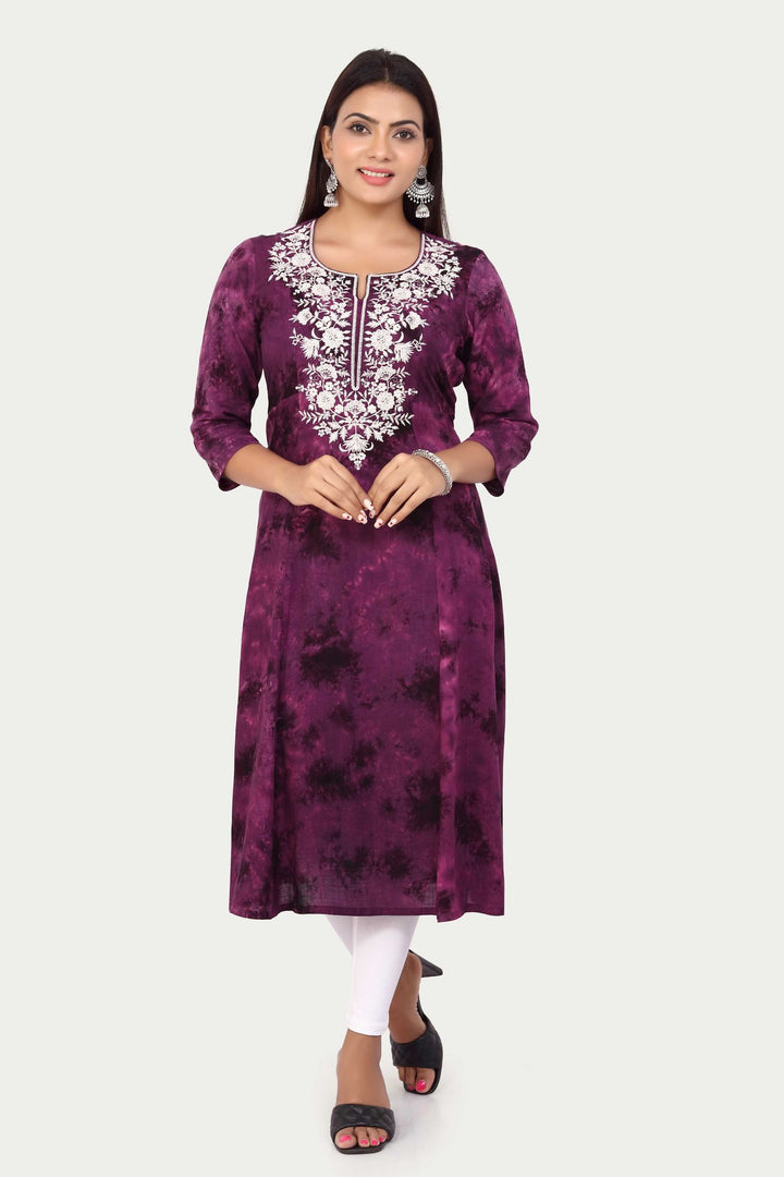 Purple Rayon A Line Embroidered Kurta