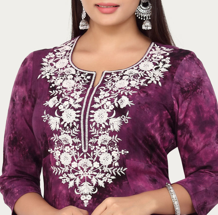 Purple Rayon A Line Embroidered Kurta