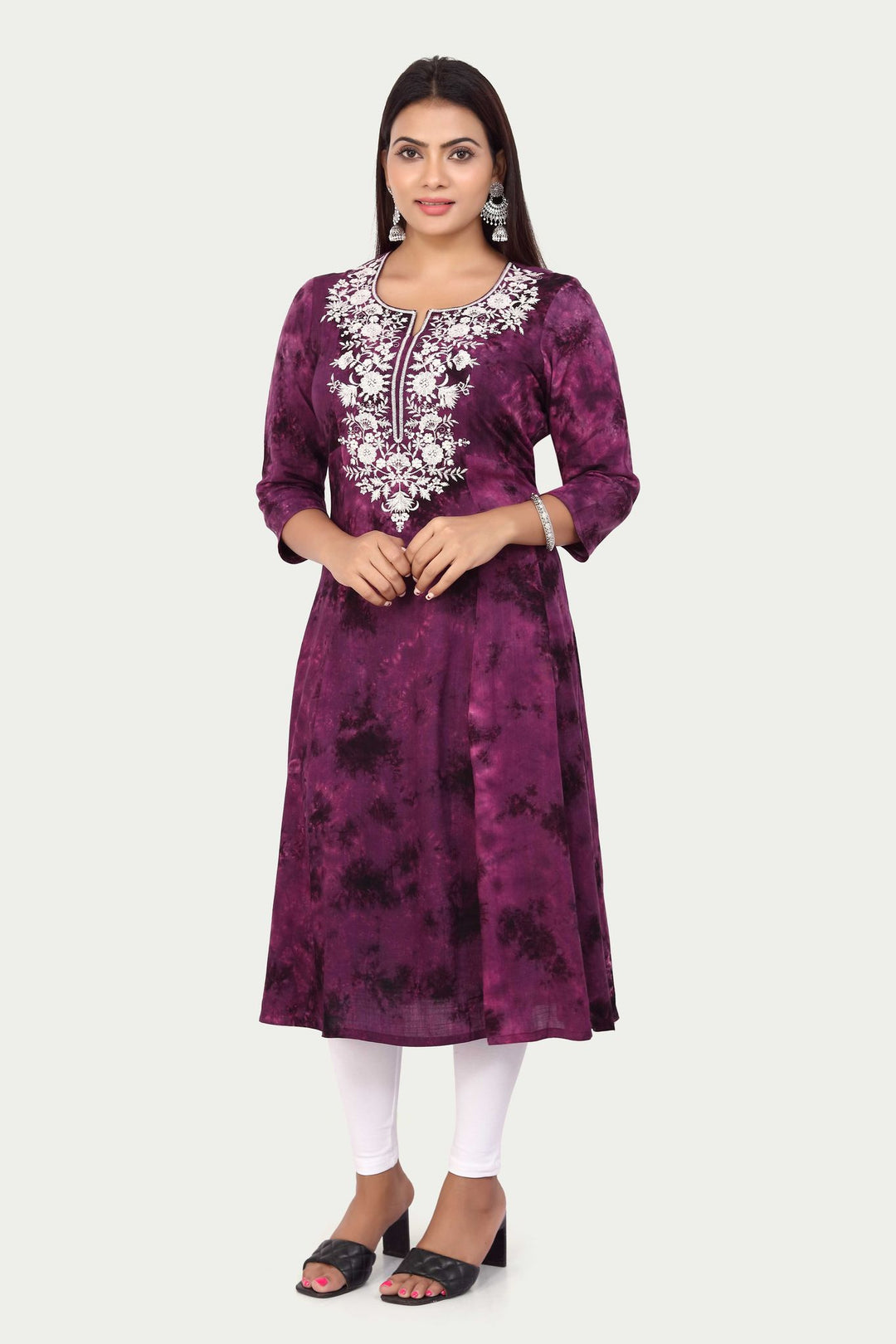 Purple Rayon A Line Embroidered Kurta