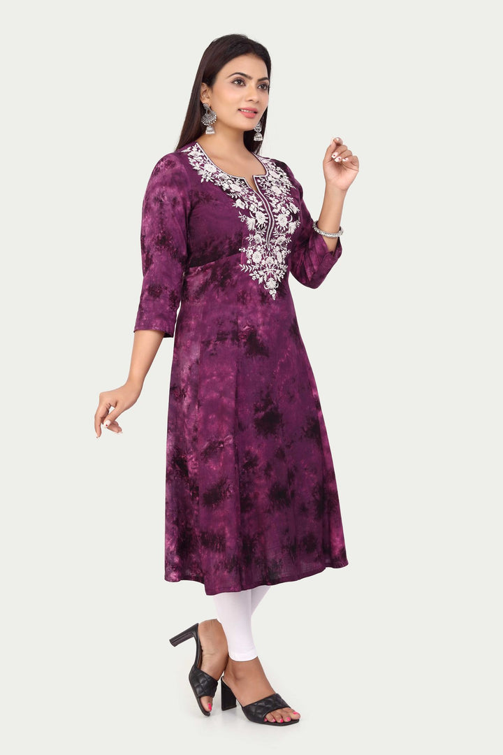 Purple Rayon A Line Embroidered Kurta