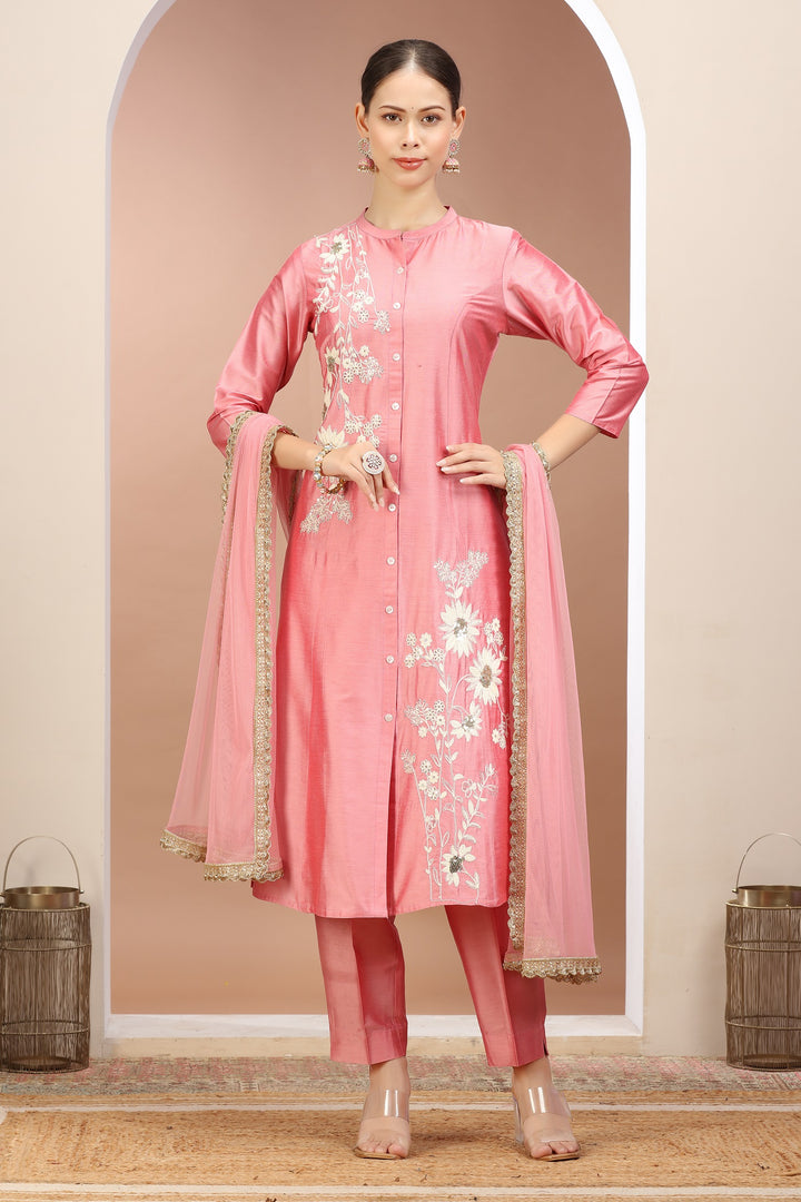 Peach PolySilk Embroidered A Line Kurta Pants and Dupatta set