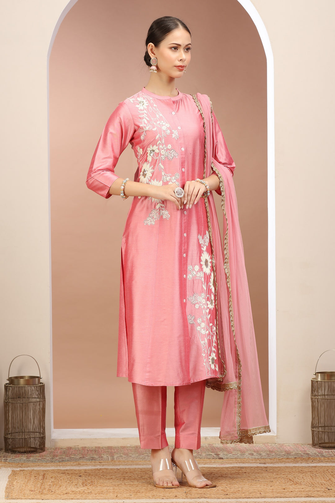 Peach PolySilk Embroidered A Line Kurta Pants and Dupatta set