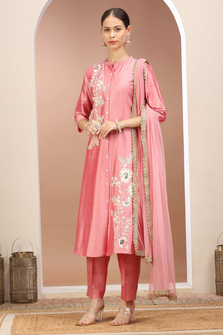 Peach PolySilk Embroidered A Line Kurta Pants and Dupatta set