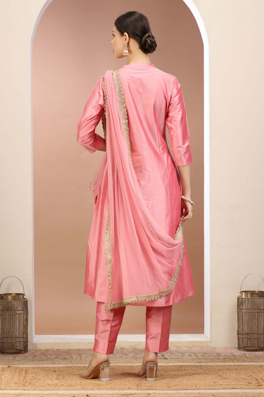 Peach PolySilk Embroidered A Line Kurta Pants and Dupatta set