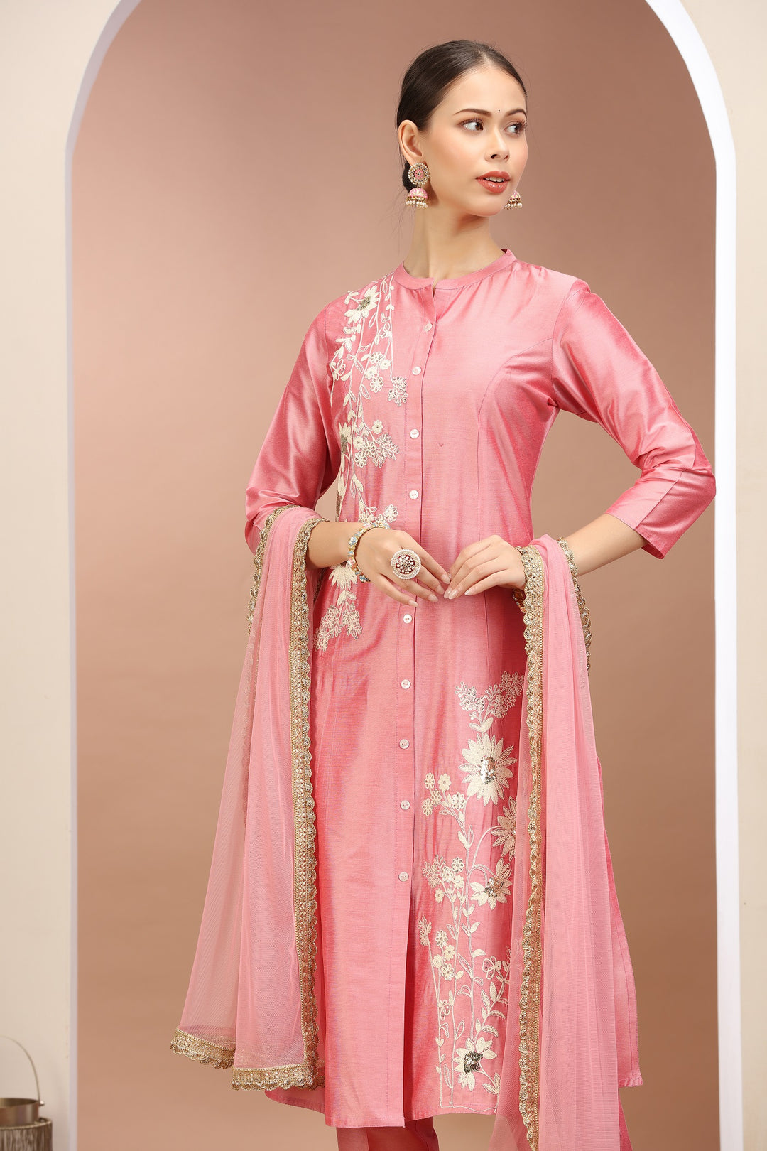 Peach PolySilk Embroidered A Line Kurta Pants and Dupatta set