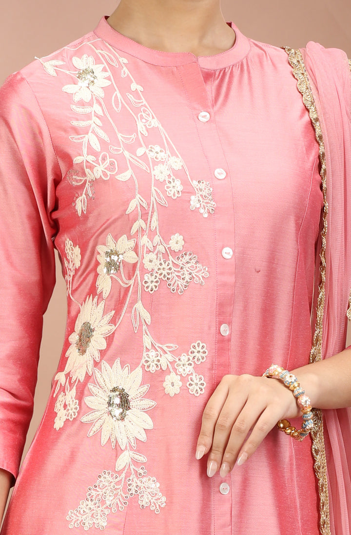 Peach PolySilk Embroidered A Line Kurta Pants and Dupatta set