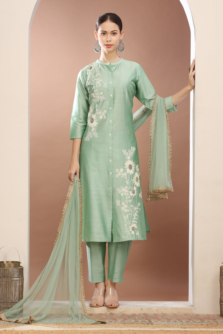 Pista Green PolySilk Embroidered A Line Kurta Pants and Dupatta Set