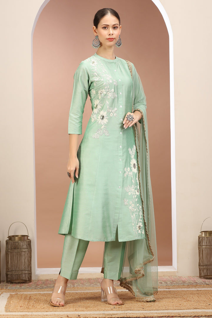 Pista Green PolySilk Embroidered A Line Kurta Pants and Dupatta Set