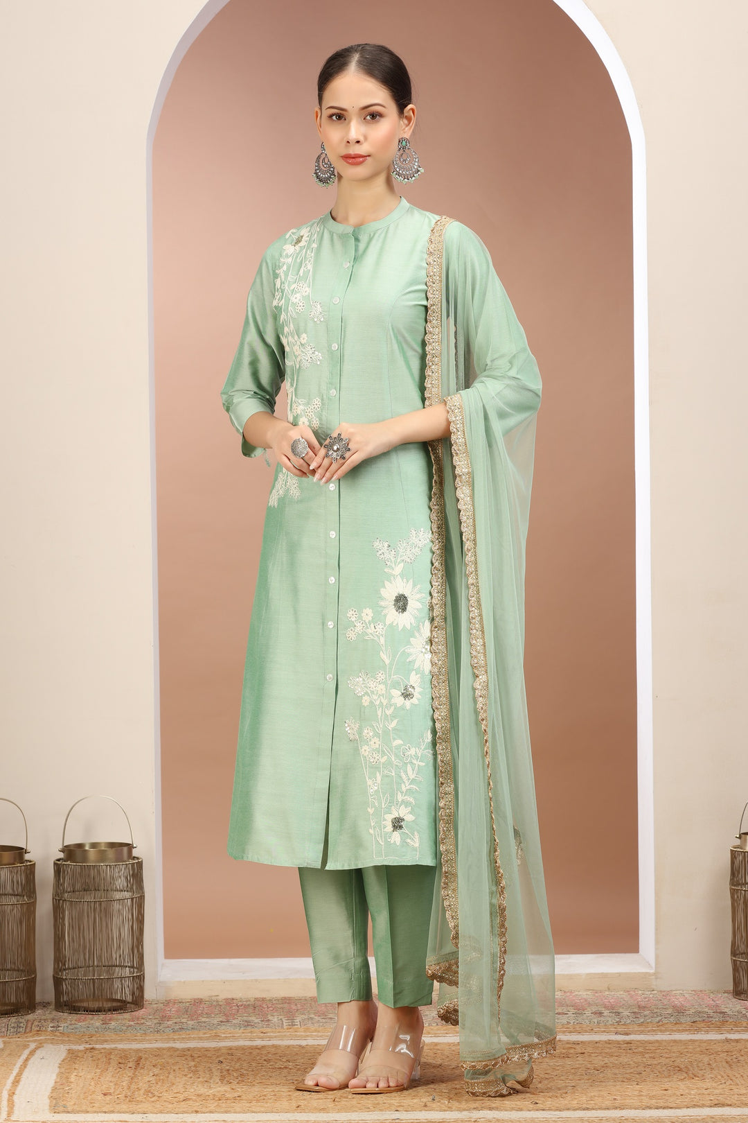 Pista Green PolySilk Embroidered A Line Kurta Pants and Dupatta Set