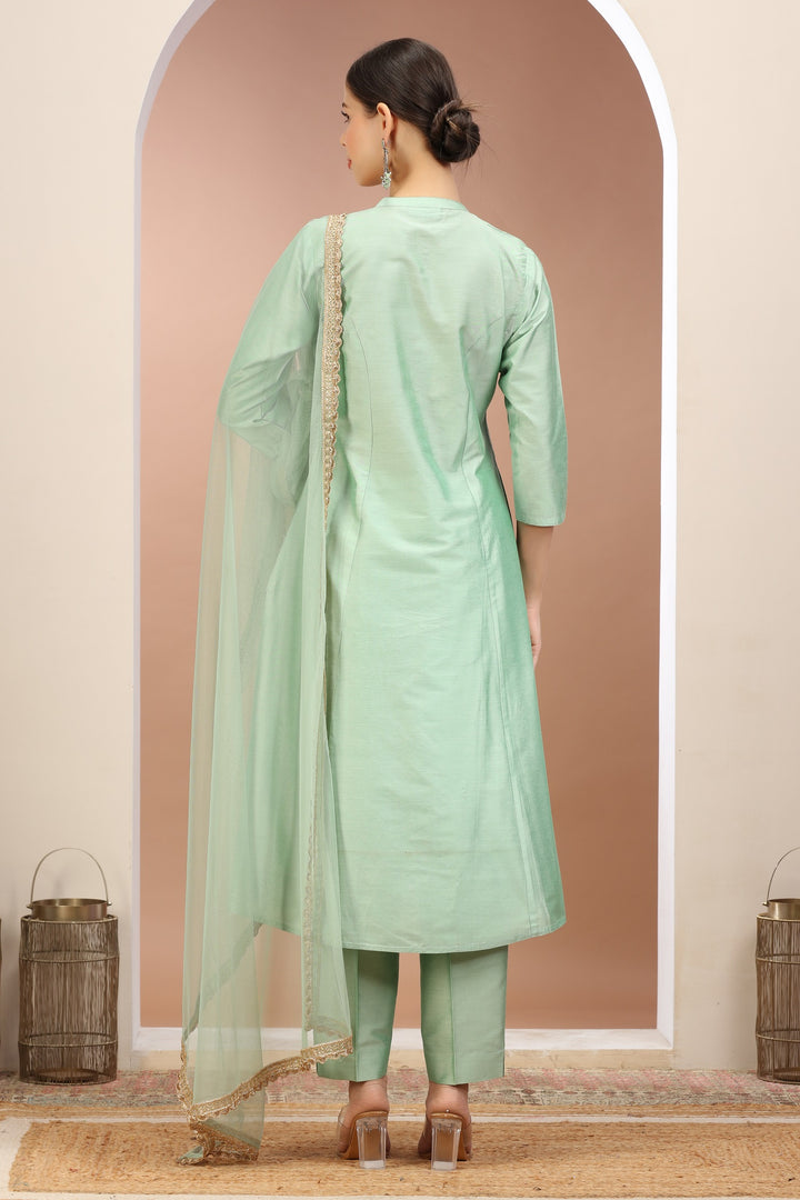 Pista Green PolySilk Embroidered A Line Kurta Pants and Dupatta Set