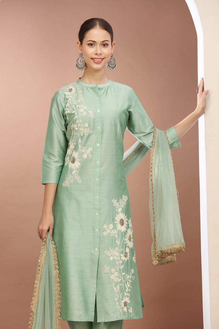 Pista Green PolySilk Embroidered A Line Kurta Pants and Dupatta Set