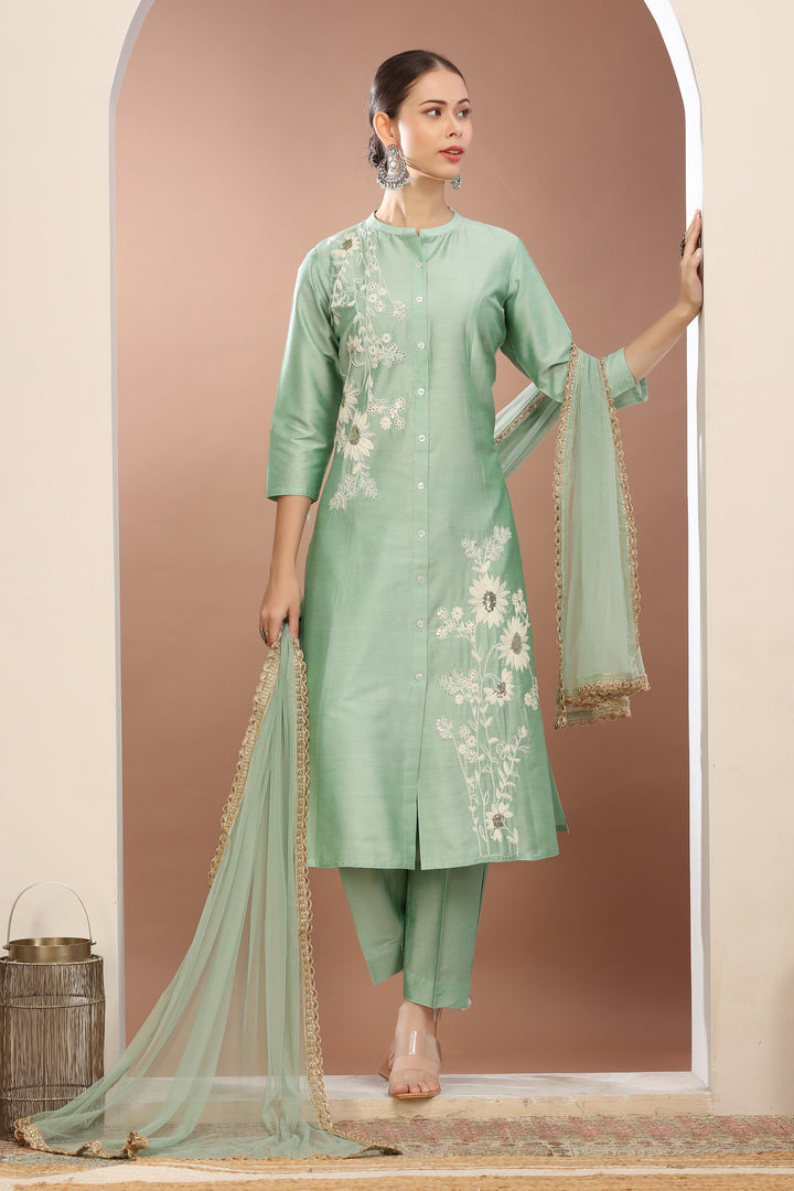 Pista Green PolySilk Embroidered A Line Kurta Pants and Dupatta Set