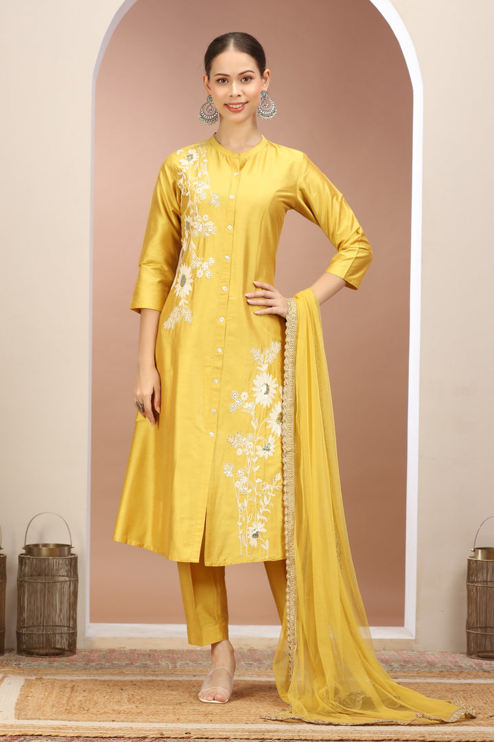 Yellow PolySilk Embroidered A Line Kurta Pants and Dupatta Set