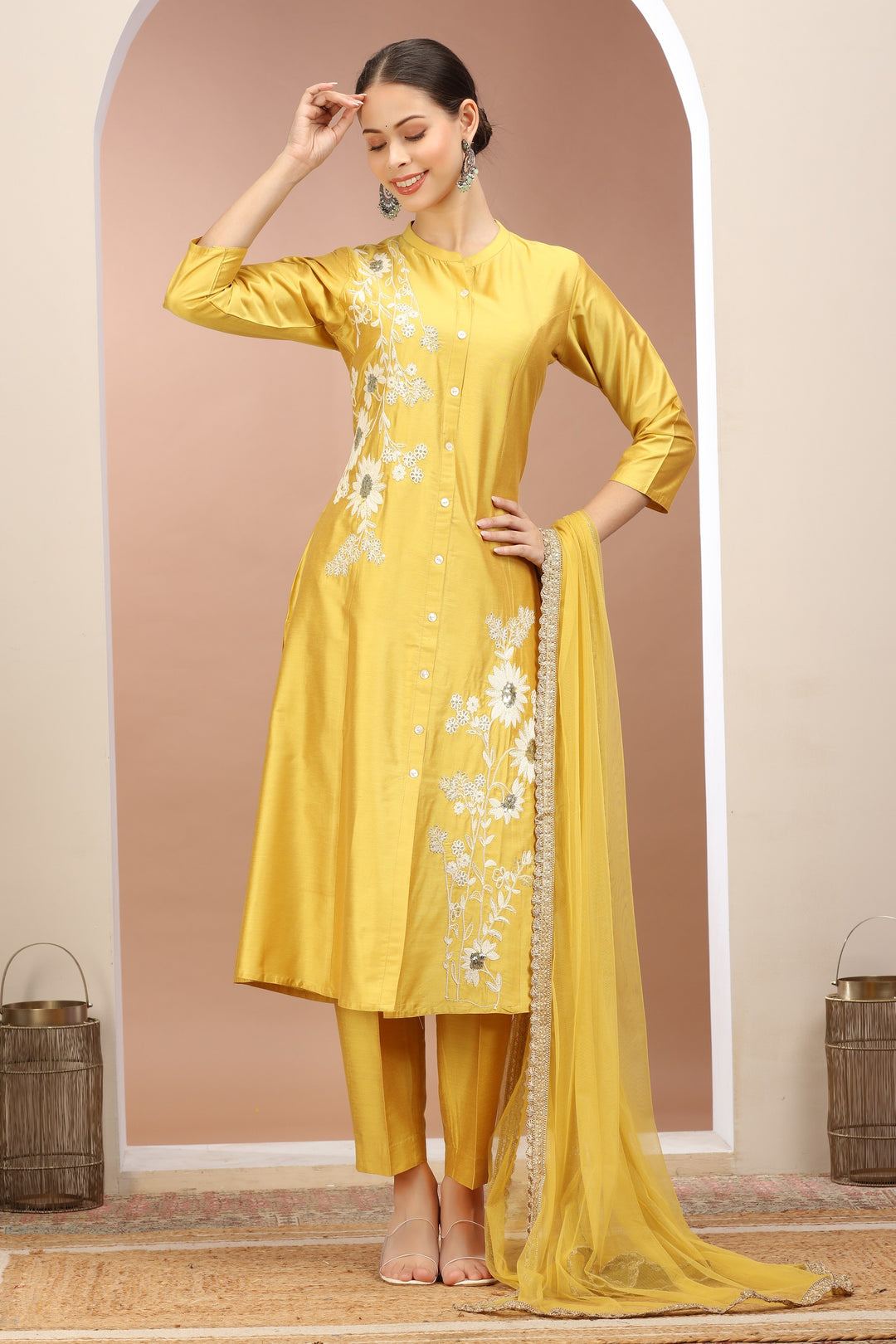 Yellow PolySilk Embroidered A Line Kurta Pants and Dupatta Set