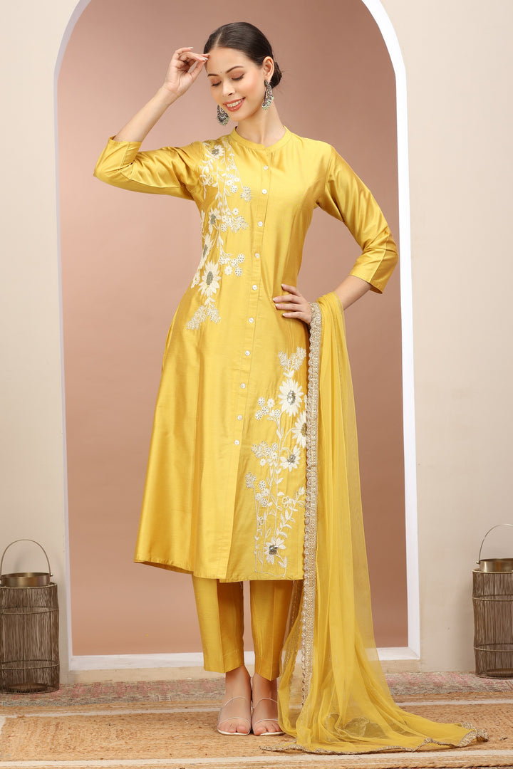 Yellow PolySilk Embroidered A Line Kurta Pants and Dupatta Set