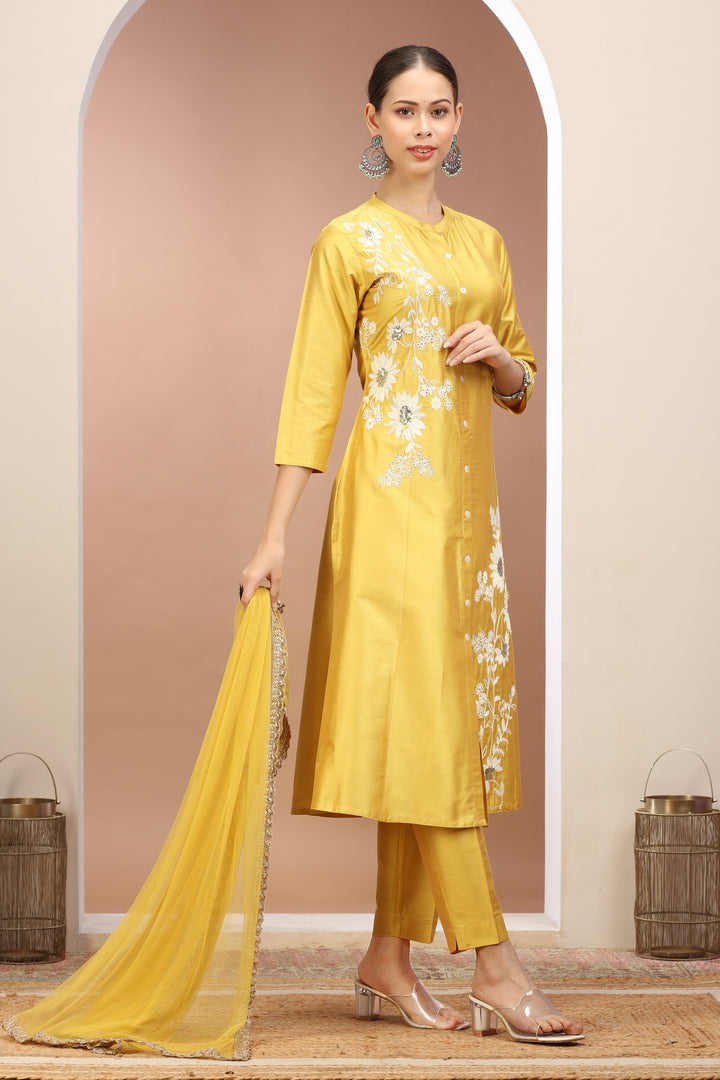 Yellow PolySilk Embroidered A Line Kurta Pants and Dupatta Set