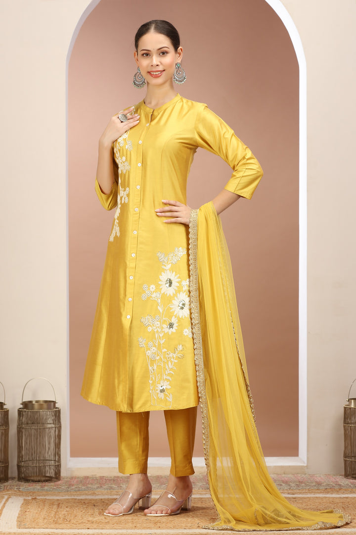 Yellow PolySilk Embroidered A Line Kurta Pants and Dupatta Set